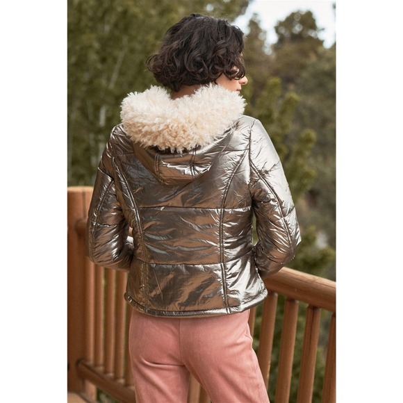 Tasha Apparel Gunmetal Gray Metallic Fuzzy Faux Fur Hood Puffer Jacket - Picture 4 of 5